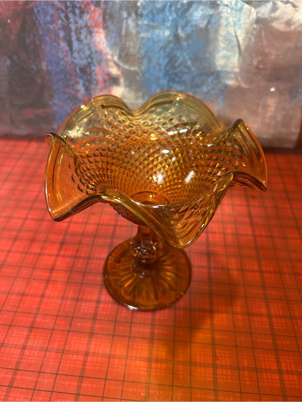 Vintage Amber Pressed Glass Diamond Point Pedestal Dish
